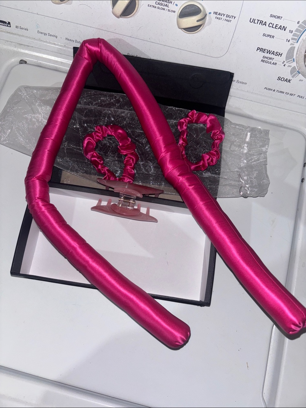 Satin Hot Pink Hair Set with Scrunchies and Heatless Curler